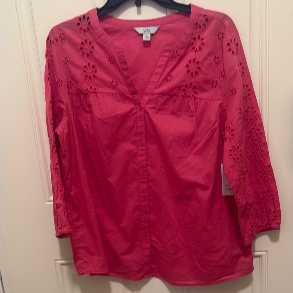 Croft & Barrow Red 3/4 Sleeve Embellished Blouse